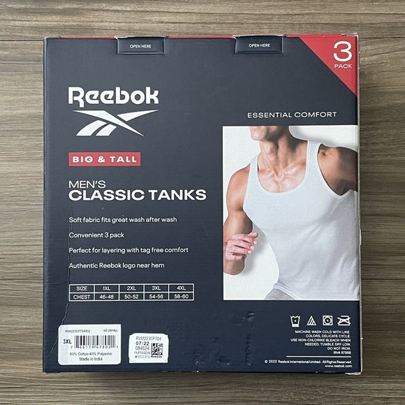 🔥Reebok 3 Pack Big & Tall 100% Cotton Tank Top Undershirts White Size 2XL-Tall - Picture 3 of 9